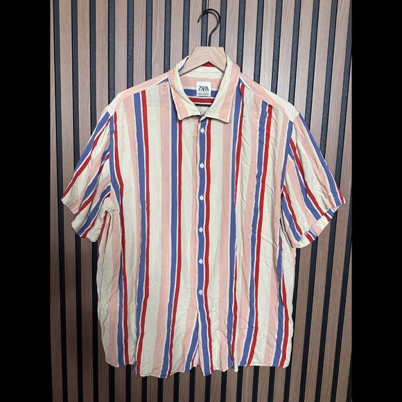 Zara Shirt 3XL Mens Blue Slim Fit Short Sleeve Striped Woven - Picture 1 of 8
